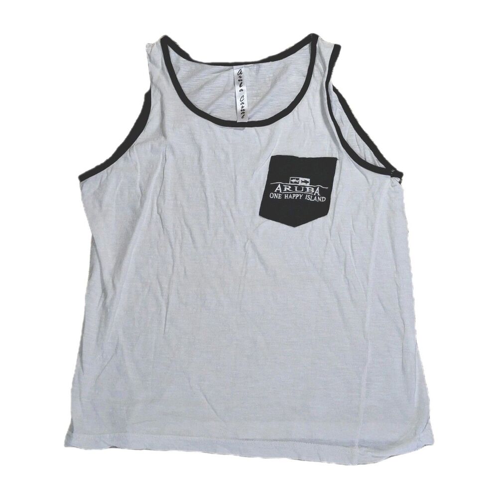 ​ARUBA CASUAL ONE HAPPY ISLAND WHITE BLACK TRIM POCKET TANK TOP MENS SIZE SMALL